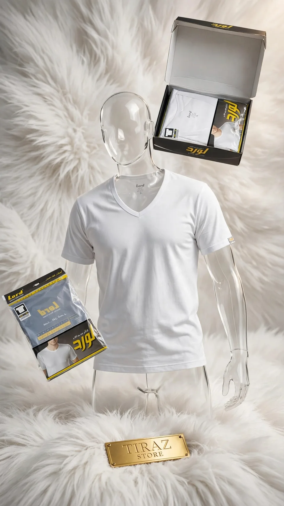 A clear plastic mannequin wearing a white V-neck T-shirt is displayed on a fluffy white surface, with product packaging and a branded box nearby