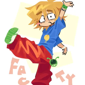 Cartoon boy in blue shirt and red pants kicking high with green sneakers and wristband