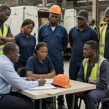 Factory workers in safety vests gather around a table for a meeting with a manager reviewing documents