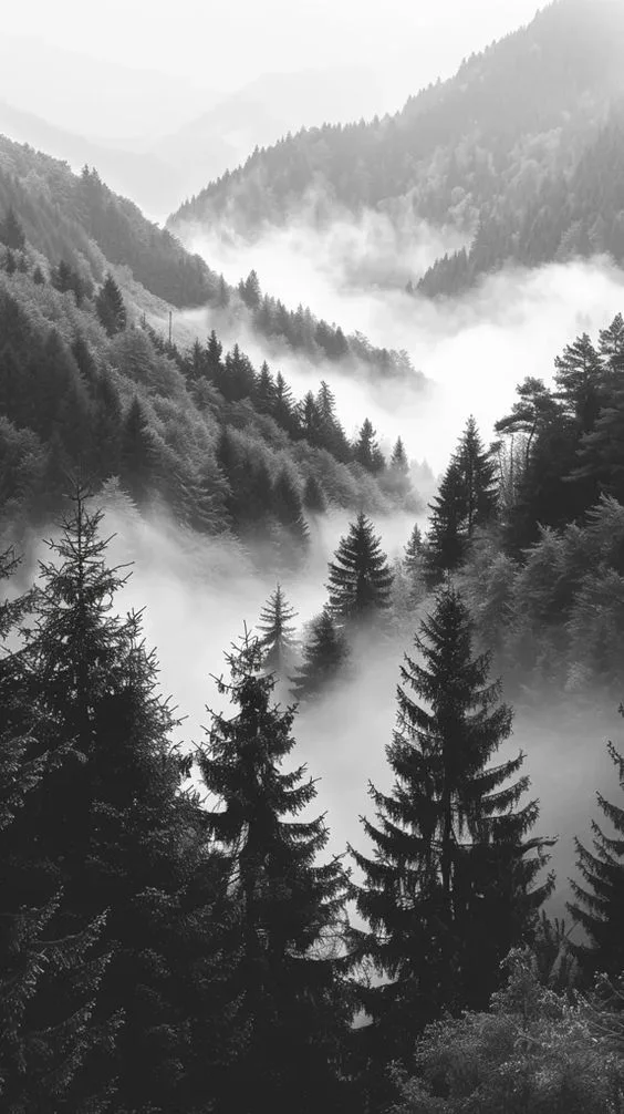 Black and white photo of misty mountains with evergreen trees in a valley
