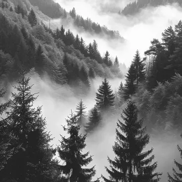 Black and white photo of misty mountains with evergreen trees in a valley