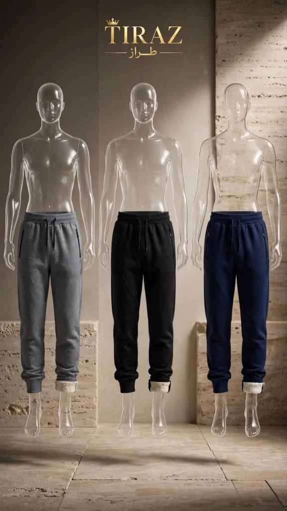 Three mannequins wearing gray black and navy sweatpants in a stone-walled room