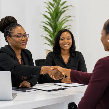 Three women shaking hands at a white office desk with documents and a laptop