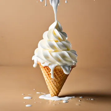 A creamy vanilla soft-serve ice cream swirl is melting and dripping from a waffle cone onto a beige surface