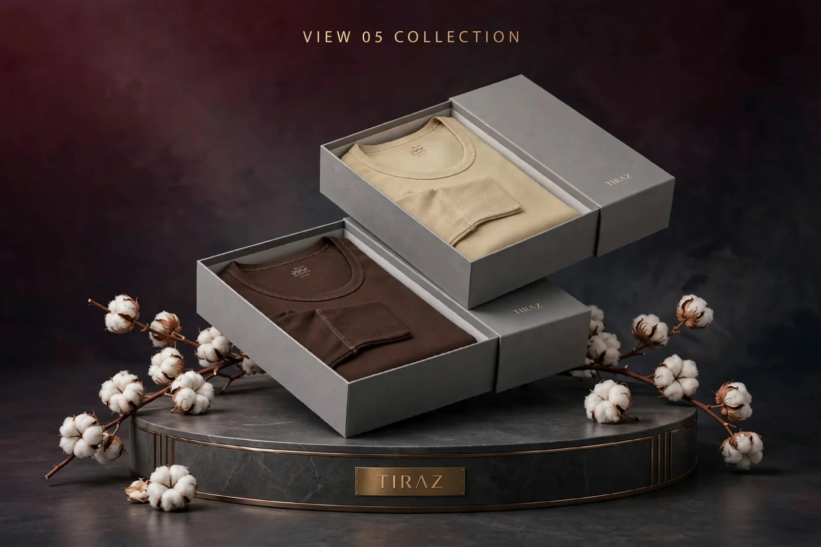 Two gray boxes with folded t-shirts on a marble stand surrounded by cotton branches