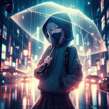 A masked anime girl with a glowing umbrella walks through a rainy neon-lit city at night