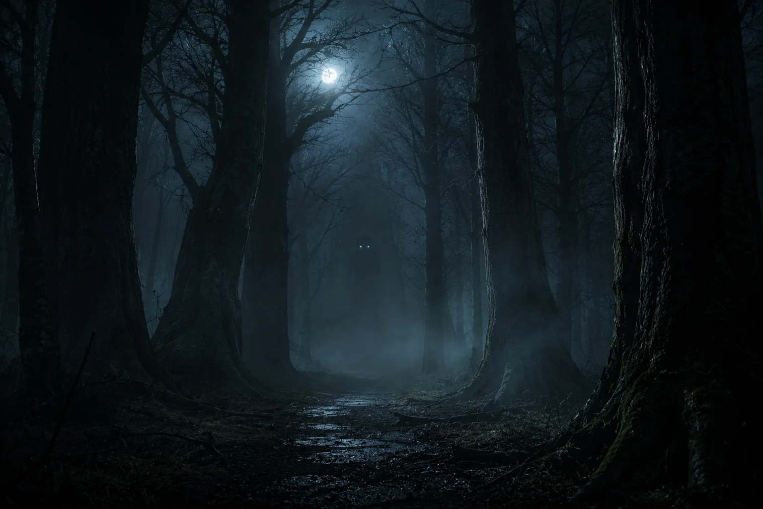 A shadowy figure with glowing eyes stands in a misty forest at night under a full moon