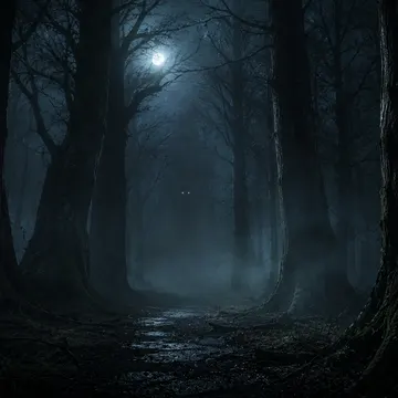 A shadowy figure with glowing eyes stands in a misty forest at night under a full moon