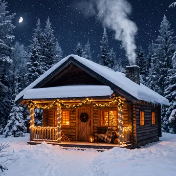 A snow-covered wooden cabin with warm lights and a smokestack emitting steam, surrounded by snow-laden pine trees under a starry night sky with a cres