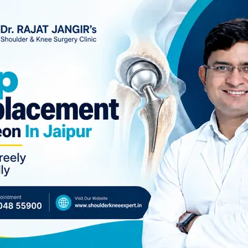 Doctor in white coat smiling with hip replacement surgery advertisement