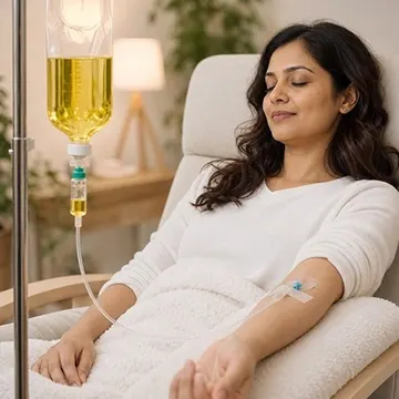 A woman resting in a recliner with an IV drip of yellow liquid beside her