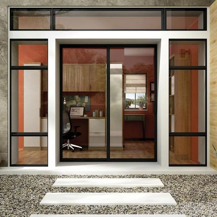Modern glass door with black frames leading to a home office with wooden cabinets and red walls