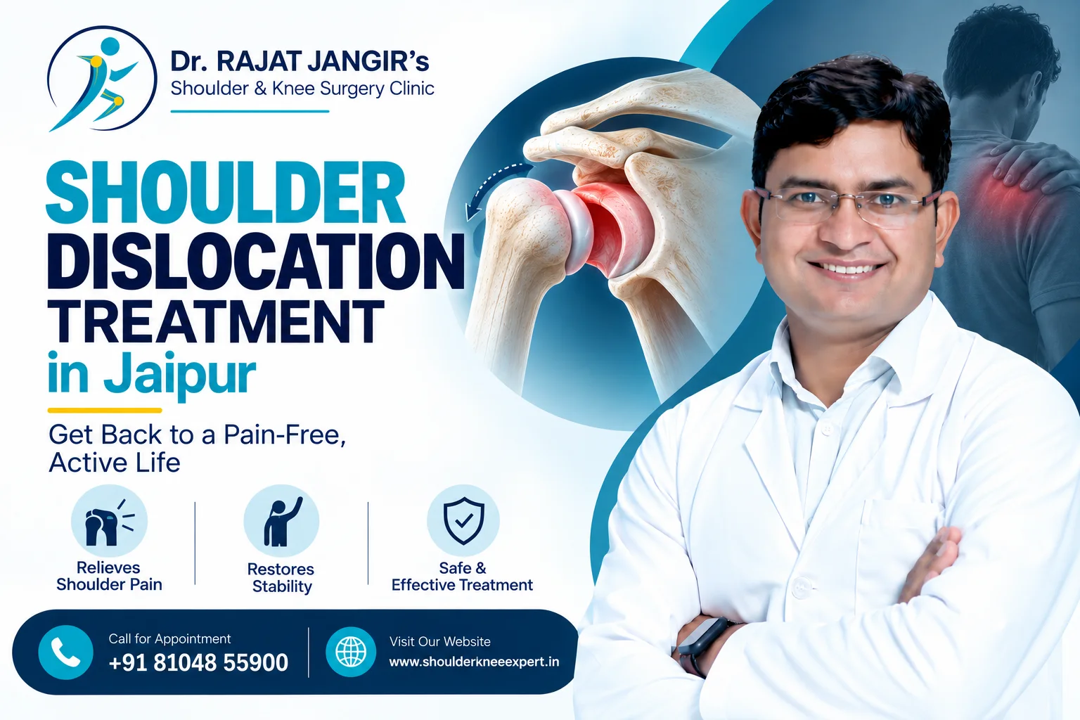 Doctor advertising shoulder dislocation treatment in Jaipur with medical graphics and contact info