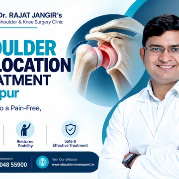 Doctor advertising shoulder dislocation treatment in Jaipur with medical graphics and contact info