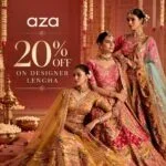 Two elegantly dressed women in traditional Indian attire with a 20% off promotion overlay