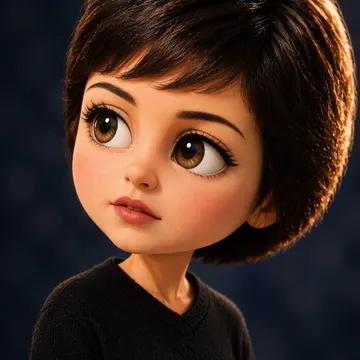 A young girl with short brown hair and large brown eyes wearing a black sweater against a blue background