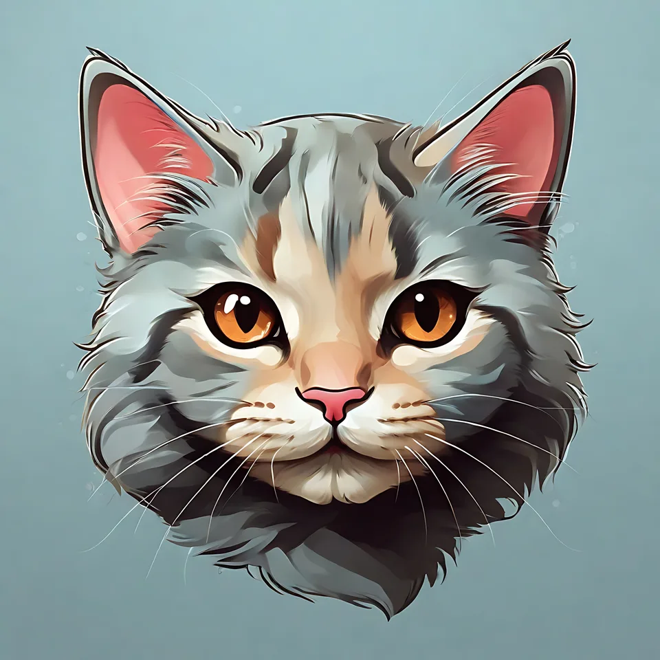 A stylized digital illustration of a cat's face with orange eyes and grey fur against a plain background