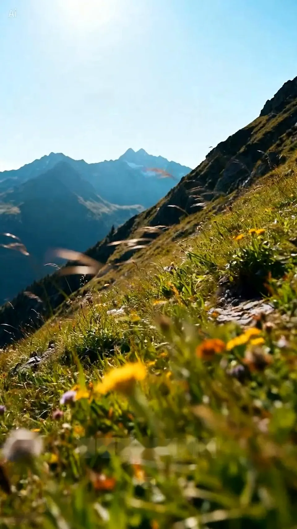 A low-angle view of a sunlit mountain meadow with wildflowers in the foreground and distant snow-capped peaks under a clear blue sky