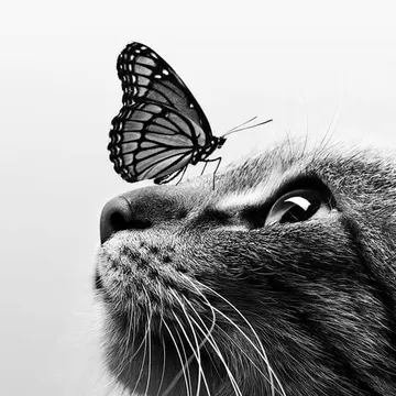 A black and white close-up of a cat gazing upward as a monarch butterfly rests gently on its nose