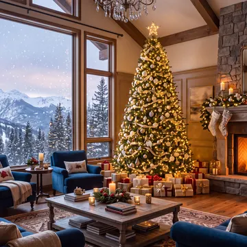 A cozy, AI-generated Christmas living room with a decorated tree, fireplace, and snowy mountain view through large windows