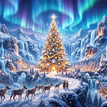 A fantasy winter scene with a large illuminated Christmas tree, castles, reindeer, and auroras under a starry sky