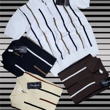 Four folded striped polo shirts with brand tags on striped background