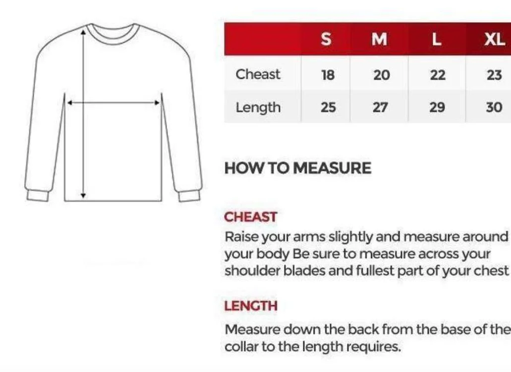 Diagram showing how to measure chest and length for a long sleeve shirt with size chart