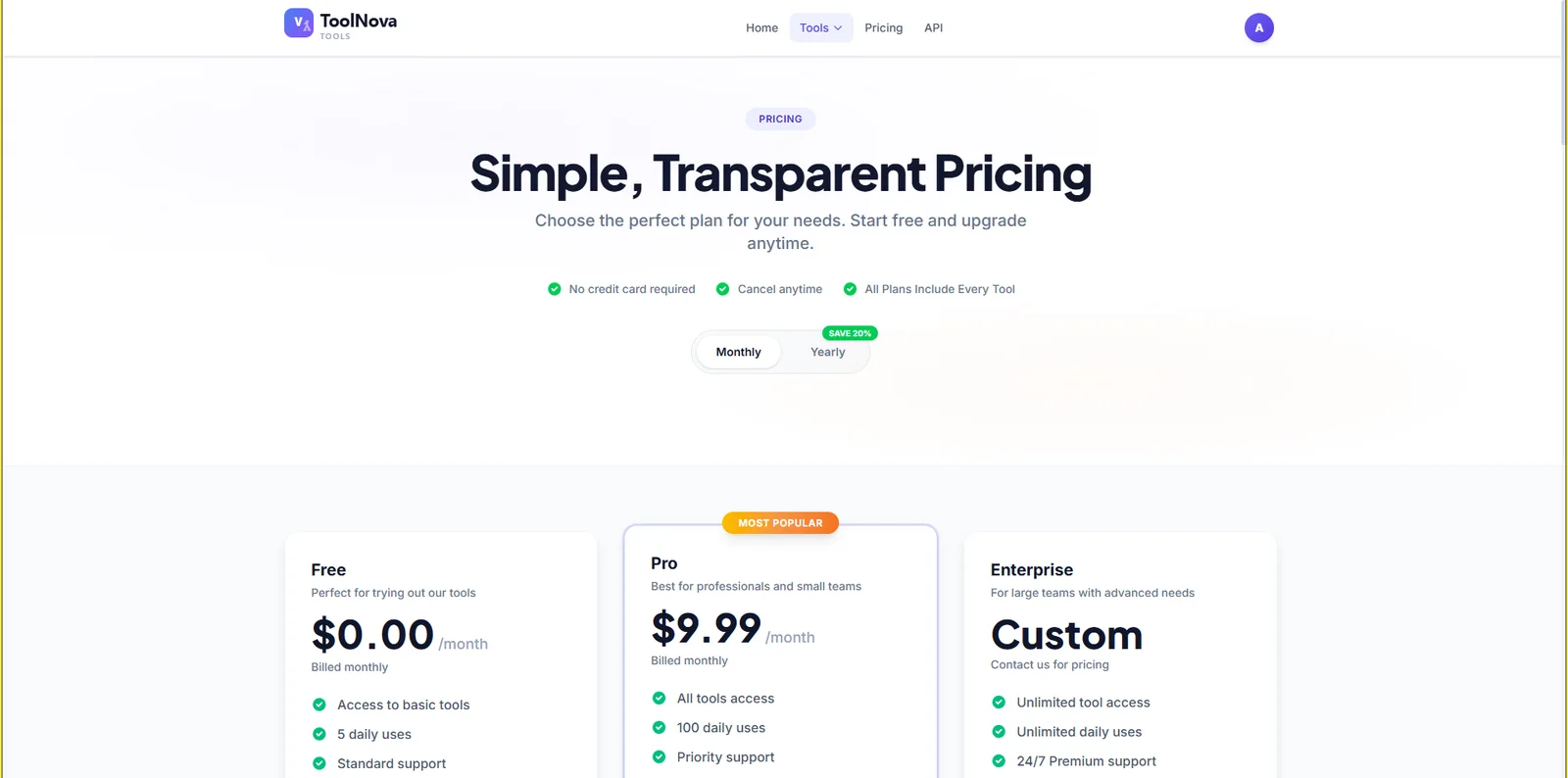 ToolNova pricing page showing free pro and enterprise subscription plans with features and costs