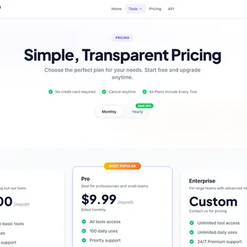 ToolNova pricing page showing free pro and enterprise subscription plans with features and costs