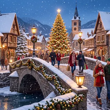 A festive, snow-covered European village at night, featuring a decorated Christmas tree, a stone bridge over a river, and people walking along cobbles