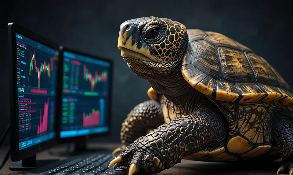 A large tortoise is positioned in front of two computer monitors displaying financial charts and graphs