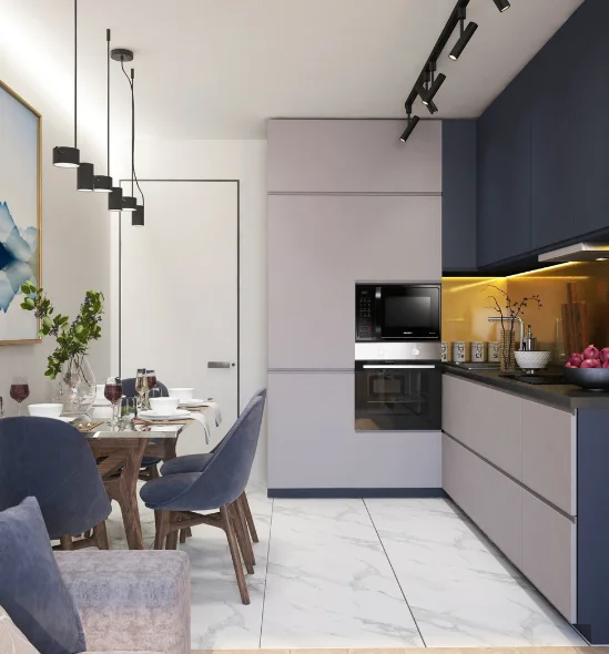 Modern kitchen and dining area with navy cabinets white marble floor and blue chairs