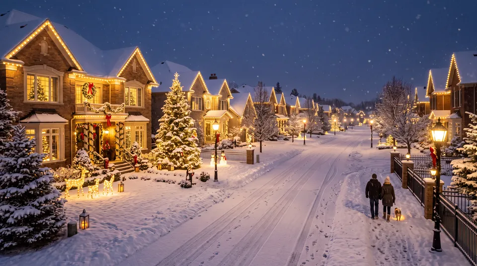 A snow-covered suburban street at night, illuminated by festive lights on houses and trees, with two people walking a dog down the road