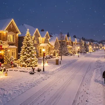 A snow-covered suburban street at night, illuminated by festive lights on houses and trees, with two people walking a dog down the road