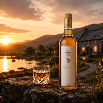 A bottle and glass of whisky on a stone by a lake at sunset near a cottage