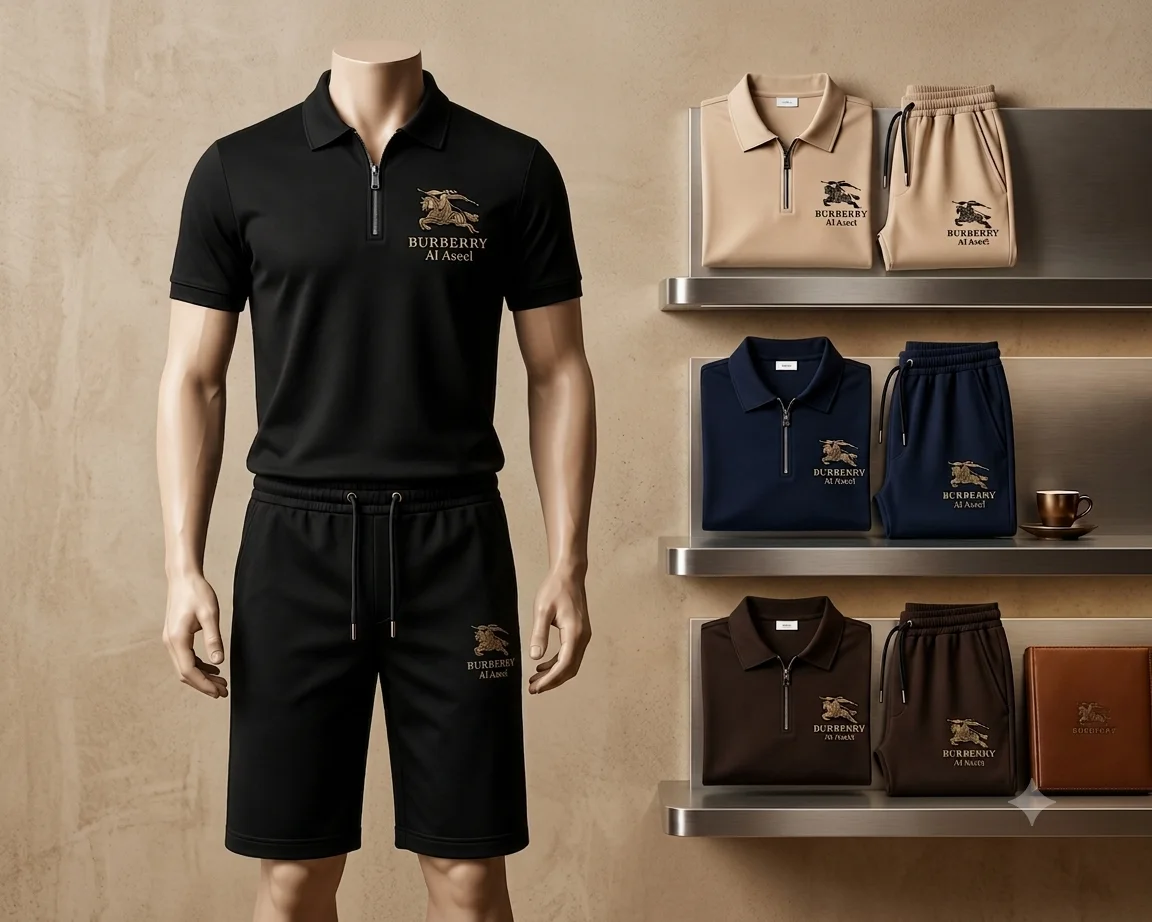 Mannequin in black Burberry athletic wear with matching sets displayed on shelves