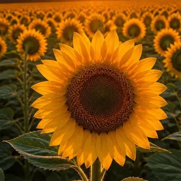 Sunflower field at golden sunset with warm glow and distant hills
