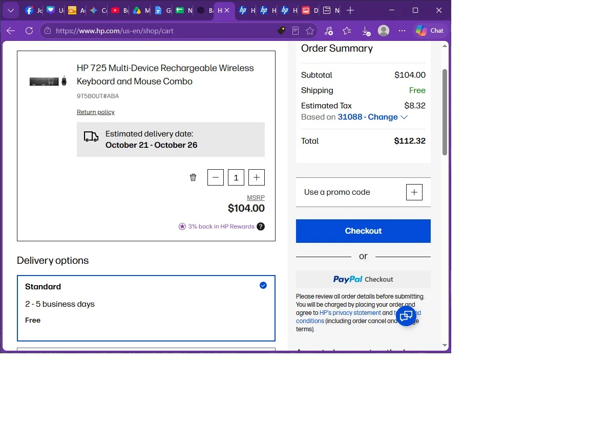 HP shopping cart showing wireless keyboard and mouse combo with total price and delivery options