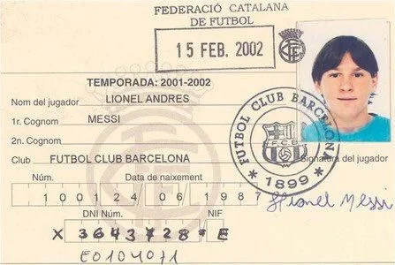 FC Barcelona player ID card with Lionel Messi's photo and handwritten details dated February 15 2002