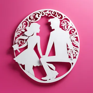 A white paper-cutout silhouette of a man and a woman sitting together inside a decorative circular frame against a solid pink background