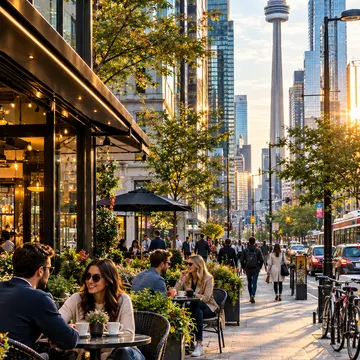 People sitting at outdoor café tables on a city sidewalk with CN Tower in background at sunset
