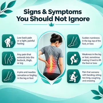Infographic showing signs and symptoms of back pain including numbness weakness and tingling