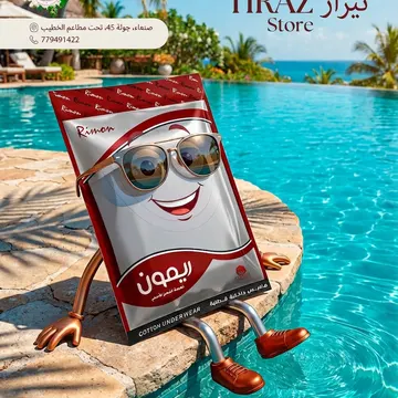 An anthropomorphic package of Rimon cotton underwear, wearing sunglasses and shoes, is seated by a swimming pool with palm trees and ocean in the back