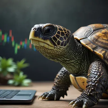 A large tortoise is positioned next to an open laptop displaying financial charts, with a blurred background showing candlestick graphs and a potted p