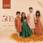 Four children in colorful traditional Indian clothing standing on marigolds with a 50% off promotion