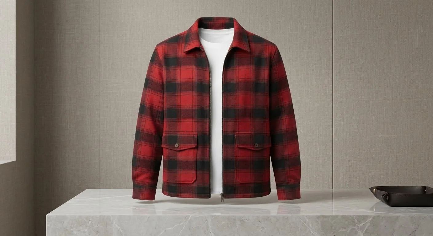 Red and black plaid jacket with zipper and pockets on marble display pedestal