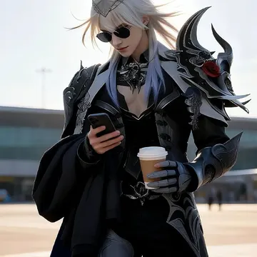 A person in elaborate fantasy armor holding a smartphone and a coffee cup, wearing sunglasses and a headpiece