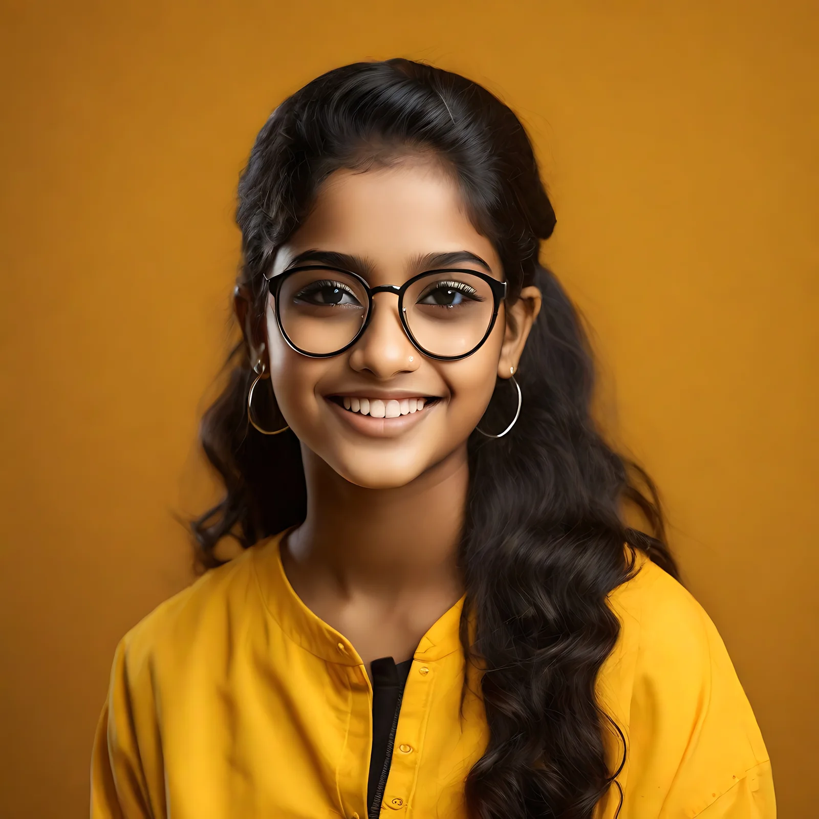 A smiling young girl with dark hair, wearing glasses and a yellow shirt, against a solid orange background