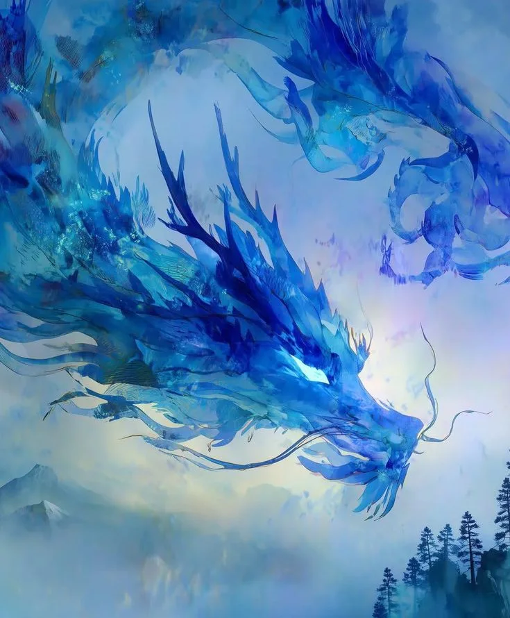 A blue watercolor dragon flying over snowy mountains and pine trees in a misty sky