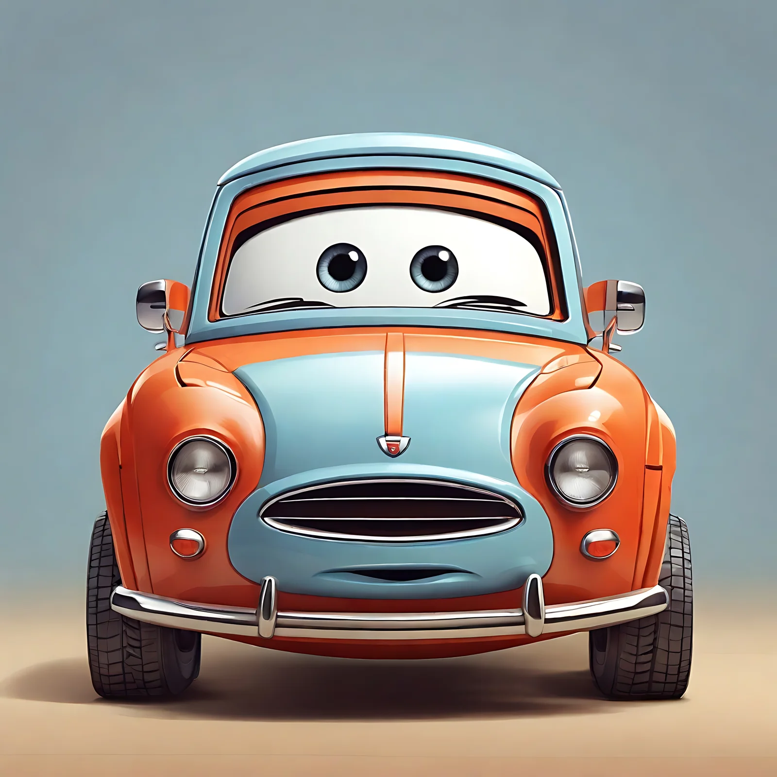 A cartoon-style orange and light blue car with large eyes and a smiling mouth, facing forward against a plain background
